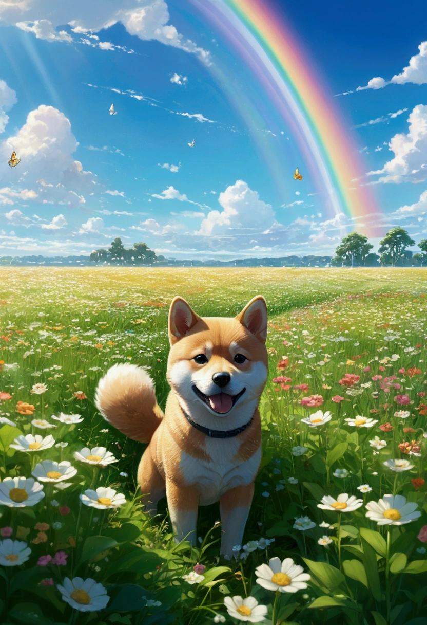 Makoto Shinkai Taste, Flower Field, Beautiful blue sky, １Shiba Inu puppies, Healing scenes, hope,cute,There&#39;s a rainbow, Shining dew, after the rain, A butterfly is flying,Wide angle, Makoto Shinkai Style