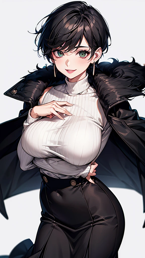 (score_9, score_8_up, score_7_up,), (adult, tall, seductive expression, seductive face), close up face, long messy hair, plump lips, fangs, blue eyes, black hair, wolf ears, lipstick, muscular, long fur trim coat, huge breasts, nipples, nyantcha style, source_anime, rating_explicit