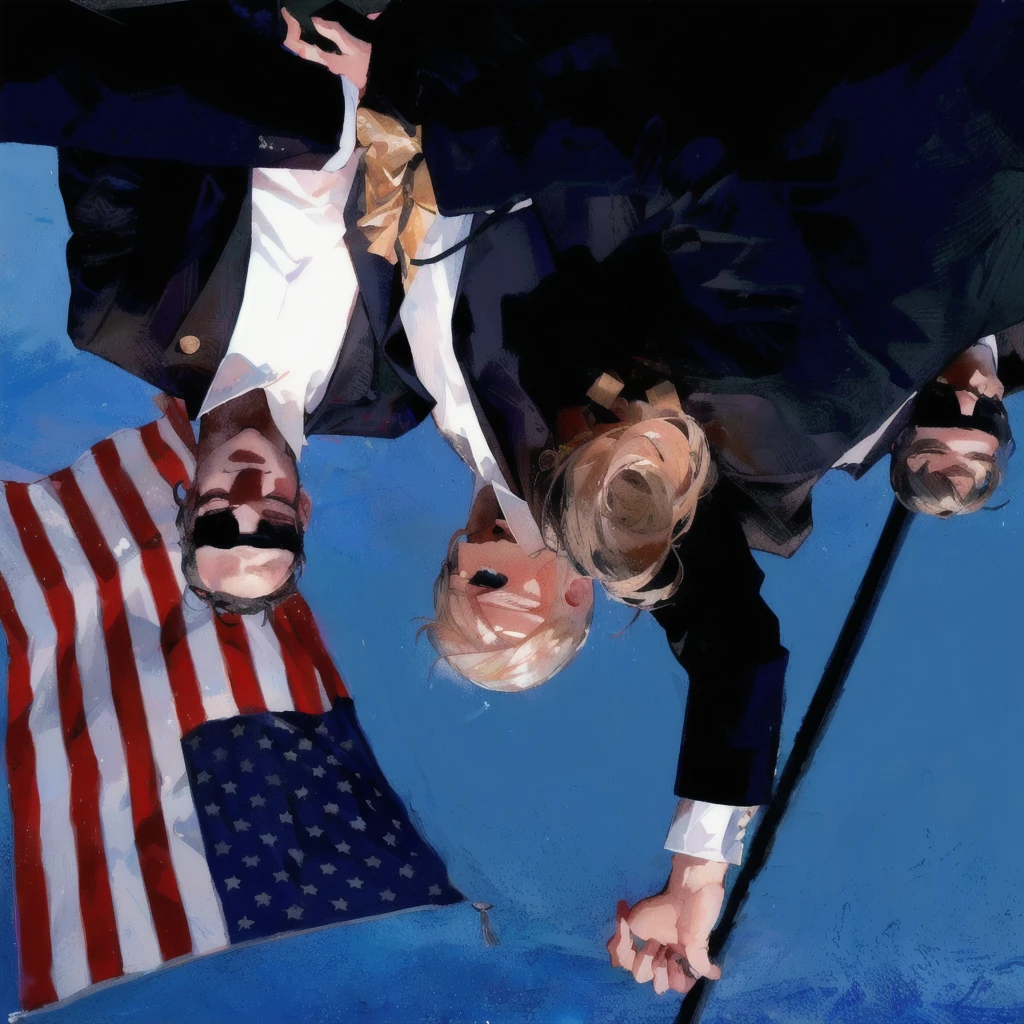 Two men in suits and ties standing next to an American flag, Donald Trump kisses Joe Biden, View from below, Top down shot, Joe Biden kisses Donald Trump, Top down shot, Top view, Shooting from below, overhead, By Jan Rustem, patriotism, Photo from top to bottom, Photo from top to bottomgraph, overhead shot, victory, Upshot, Look up