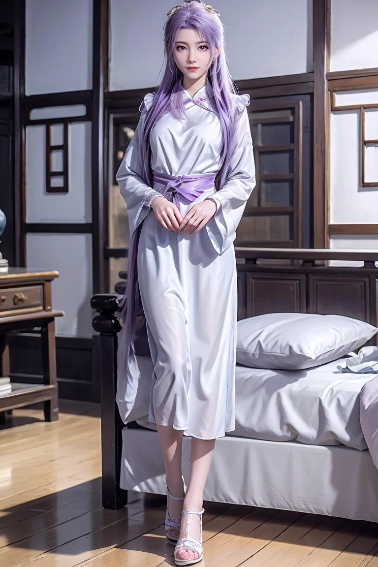 Chinese purple cheongsam,Long legs,In the bedroom,full-body shot