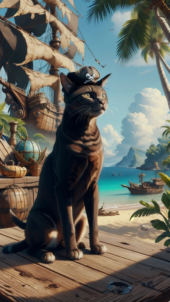 masterpiece, best quality, expressive eyes, absurdres, salvagepirateworld, armoured, cat, sitting on a table, pirate hat,  on a tropical beach,