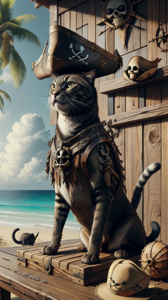 masterpiece, best quality, expressive eyes, absurdres, salvagepirateworld, armoured, cat, sitting on a table, pirate hat,  on a tropical beach,