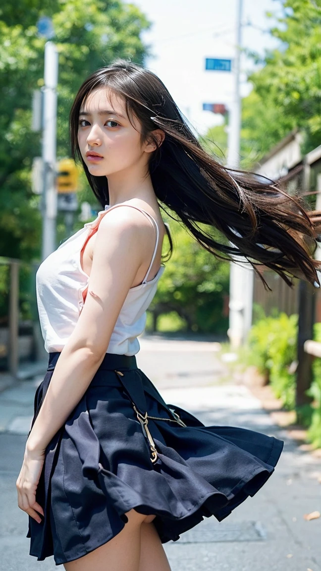 (((Big Breasts:1.52)))、((Viewing angle from below、Highest quality、masterpiece、32k、Every detail))、Descend the outdoor stairs、commute、Systemic symptoms、Very loose camisole、Pleated skirt、(((A strong wind blows my hair and skirt away:1.62)))、((Shoulder strap can be worn diagonally:1.83))((Extremely precise and accurate anatomy:1.0)), (photo Realistic:1.4), (hyper Realistic:1.4), (Highest qualityのRealisticな肌の質感:1.4), (Improvement of quality:1.4), (Enhances the beauty of skin texture:1.1), Clean and glowing skin, mesh, thin:1.2, (Realistic:1.3), Realisticなライティング, (Smoother lighting:1.05), (Improving the quality of cinema lighting:0.9), Backlight, A gentle light on your face, Ray Tracing, (Bright light:1.2), 32k, One Japanese woman, fine grain, Detailed face, (Film Grain:1.1),(Accentuates body lines:1.1), High resolution, Natural look, Kind eyes, Improves hair quality, Delicate light and shadow, 、One Girl, alone、(((mini skirt, No underwear:1.22)))、Big Breasts、barefoot, High heels