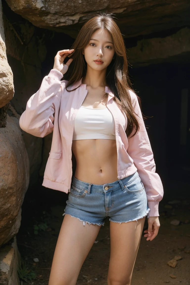 masterpiece,high quality,High resolution,Realistic,Pink jacket and white mini undershirt,A long-haired action heroine wearing super mini denim shorts and slightly long white cowboy boots..,Full Body View,Full body muscular body type,Perfect belly button,A dignified expression,Shooting in the cave,Perfect Arms,Perfect Legs,Perfect Skin,Perfect standing posture,Five fingers of the perfect hand