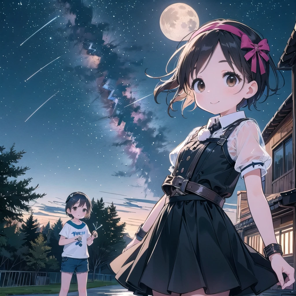 8-year-old、pretty girl、Fetish、Smile、shooting star、milky way、full moon、Beautiful background、Outdoor play with boys,Four Girls、Cute bondage outfit、Black Hair、Brown eyes、short hair、Headband