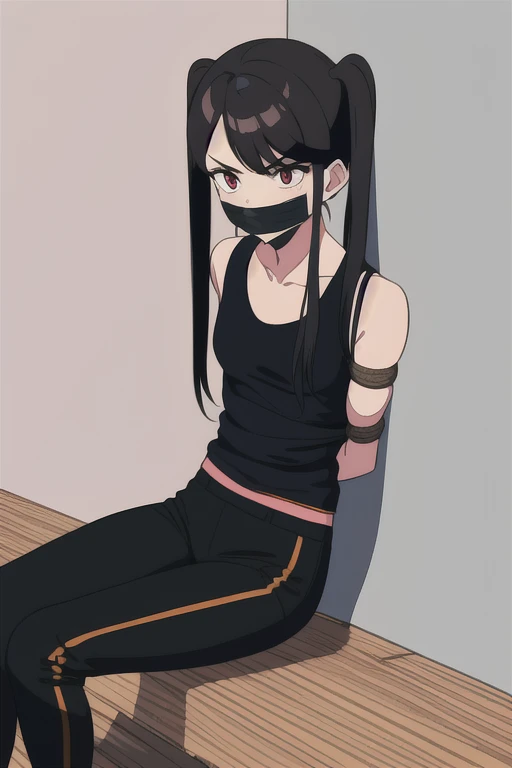 ((1 girl)), ((twin tails)), ((simple_background)), ((concrete floor, concrete wall)), ((dark empty room)), ((bondage)), ((arms behind back)), ((scowl)), ((sitting on the knees)), ((mouth close)), ((mouth gagged)), ((tape gag)), ((Rope bondage)), ((The rope is wrapped around the body multiple times.)), (restrained tightly), ((helpless)), ((calm)), (tank top armor, tights pants, long black pants, sports shoes)