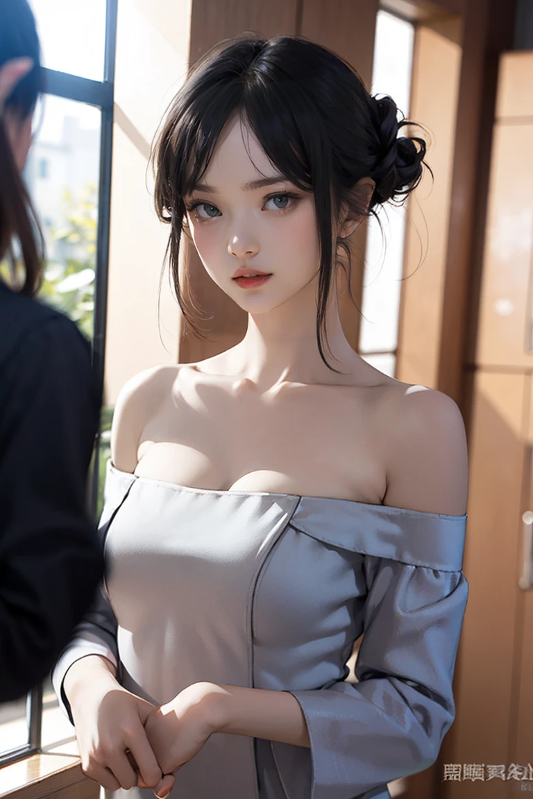 masterpiece, Warm color palette，Light of the sun，Light art，(High detail:1 1), insufficient々しいface, Gray Hair，Off-the-shoulder clothing，Large Breasts，Natural Skin, high quality, Browsing Caution, Beautiful Eyes, (詳細なfaceと目), (face: 1 2), noise,Extra, Actual photo shoot, .PSD, Lamp Film Photo, Sharp focus, Contrast lighting, Delicate skin, 高解像度8K, Very detailed, Realistically, Professional photography, 8K