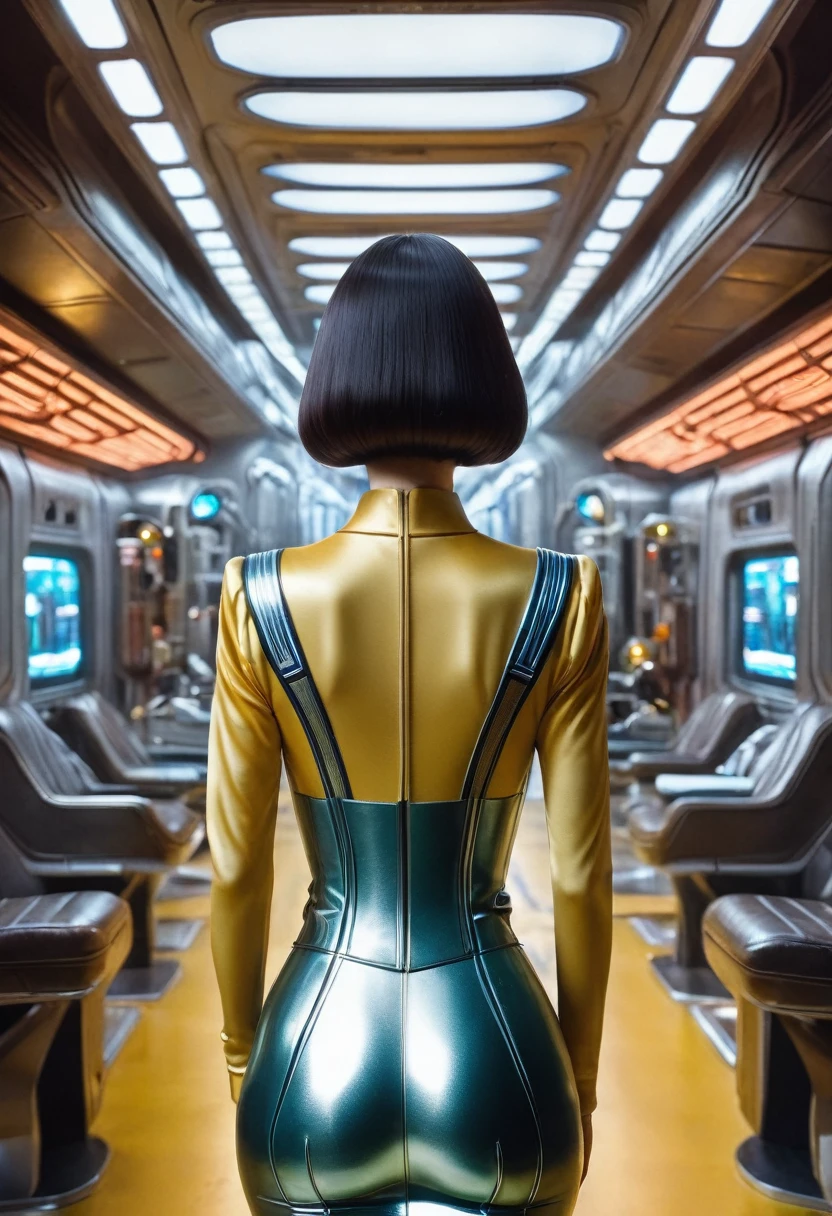 (wearing star trek original series 60s/70s one piece mini dress bridge crew uniform )) (asian-european, half-asian crew member with bob haircut and slim figure) ((in the style of a retro-futuristic, retro-scifi film, pulp scifi book cover) ((soft focus, cinematic, film grain) facing away from the viewer, rear view, ass shot, showing her sassy hips