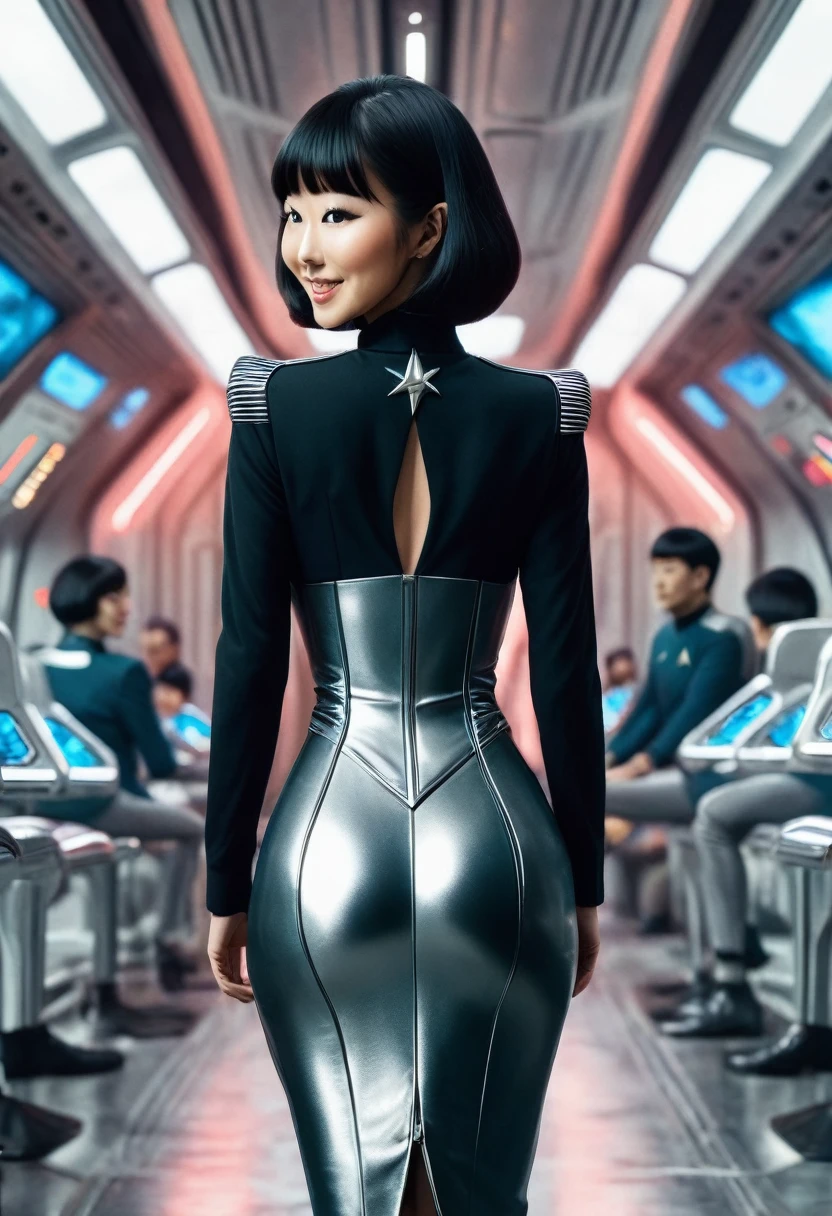 (wearing star trek original series 60s/70s one piece mini dress bridge crew uniform )) (asian-european, half-asian crew member with bob haircut and slim figure) ((in the style of a retro-futuristic, retro-scifi film, pulp scifi book cover) ((soft focus, cinematic, film grain) facing away from the viewer, rear view, ass shot, showing her sassy hips