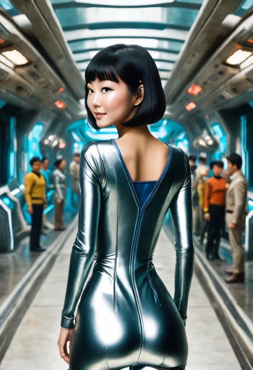 (wearing star trek original series 60s/70s one piece mini dress bridge crew uniform )) (asian-european, half-asian crew member with bob haircut and slim figure) ((in the style of a retro-futuristic, retro-scifi film, pulp scifi book cover) ((soft focus, cinematic, film grain) facing away from the viewer, rear view, ass shot, showing her sassy hips