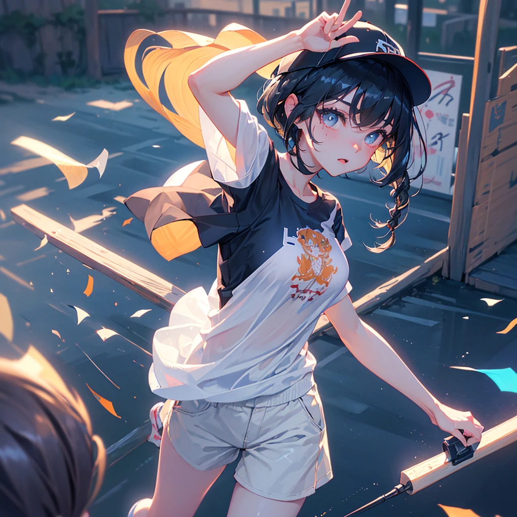 Highest quality、High resolution、Detailed Background、Beautiful Face、High detail、(Perfect Anatomy, Perfect Style)、(Detailed facial expressions)、(fine grain:1.2)、Teenage Beauty、(aerial view:1.2, wide shoot:1.2, whole body:1.2), One Girl、Cute black hair、Deep blue eyes、Braided bob cut, early morning、Amateur baseball ground, Holding a bat:1.2, ((shoot from behind:1.2, avert your eyes:1.2)), (Baseball cap、T-Shirts、Shorts, socks、spike)、(Large Breasts:1.2, Pointed Chest:1.2, High chest:1.2), ((run away from viewer:1.2)),
