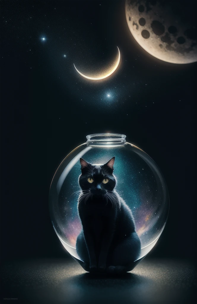 Black cat in a bottle　Inside the bottle is a beautiful crescent moon night with shooting stars　Windswept Grassland　
fluffy, realistic, atmospheric light refraction, by lee jeffries nikon d850 film stock photograph 4 kodak portra 400 camera f1.6 lens rich colors hyper realistic lifelike texture dramatic lighting unreal engine trending on artstation cinestill 800, Style-Glass