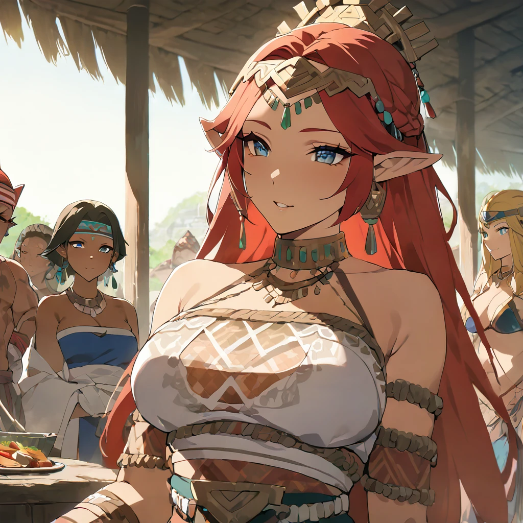 ((Highest quality)), ((masterpiece)), (detailed), (Perfect Face)、The woman is Queen Zelda of the Gerudo tribe, with red hair, blue eyes and brown skin.、The woman is wearing the sexy, see-through traditional costume of the Gerudo tribe.、The woman happily serves King Ganondorf.