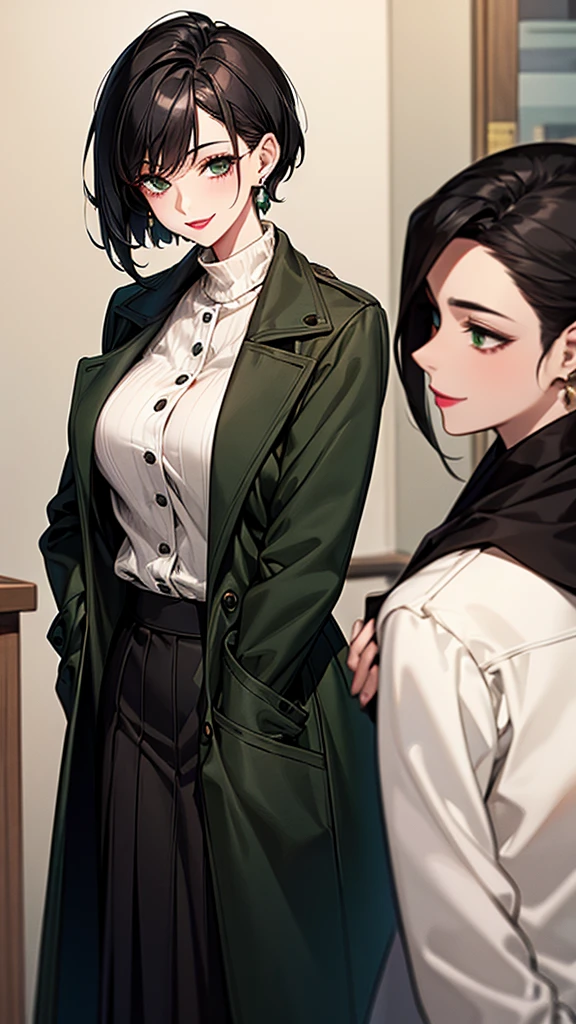 mature beautiful woman，breast，whey，Generous，Smile，earrings，Lipstick，Black short hair，Hairstyle without bangs，Green wool coat，Black long skirt，Wearing a white doctor&#39;s gown，Inside the medical clinic，Female Doctor
