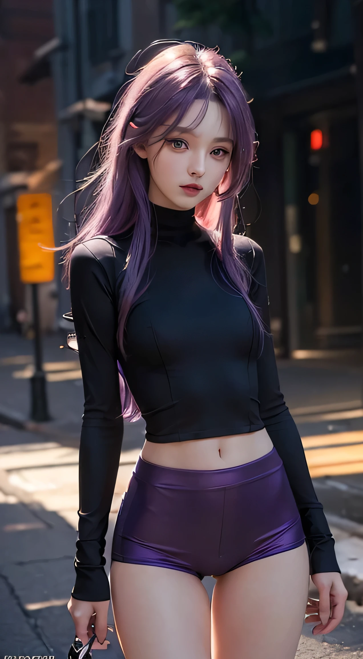 (Girl,The woman,A lady), (Long,violet,Purple,colored) (Hair), (Thin,Slim), (Cute,adorable,Attractive) (s face), (Small,Little) (가슴), (Full-length,Overall), (BIKE) (Shorts), (Vista) (At the back), (ah high,High) (Quality,4k,8K,hight resolution,Masterpiece:1.2) (Ultra-detailed), (Realistic,Photorealistic,photo-realistic:1.37) (illustartion,painting,Rendering,photografic) (The vibrant,Rich) (Color,Collorful), (soft,Gentle,A thin) (illumination)