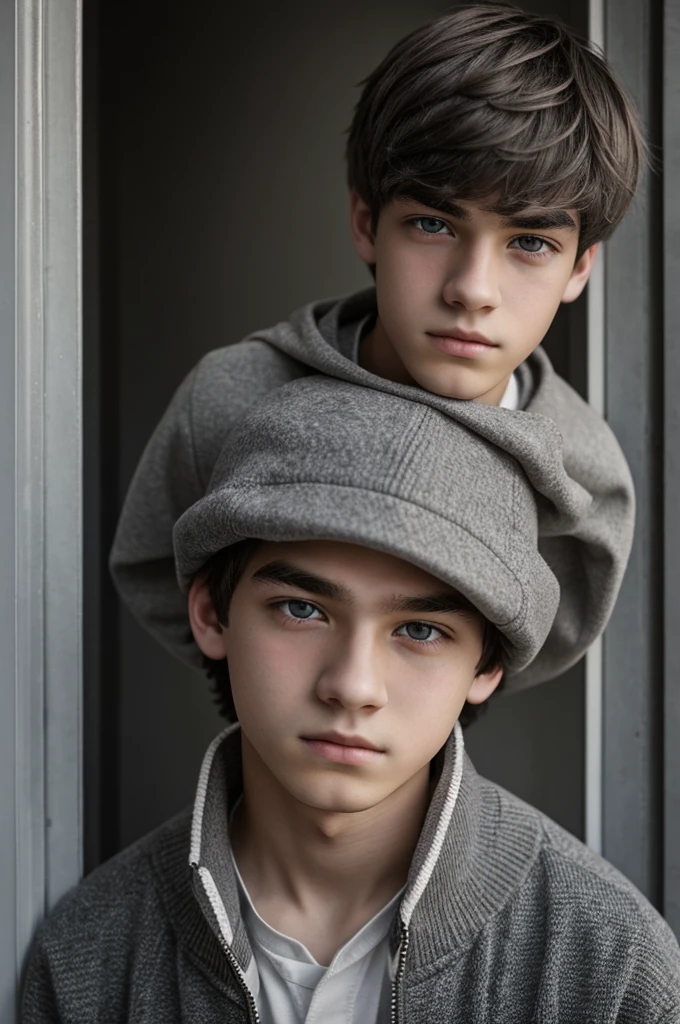 Male teenager with light gray eyes, short messy dull gray hair and pale skin with indifferent expression and black clothes