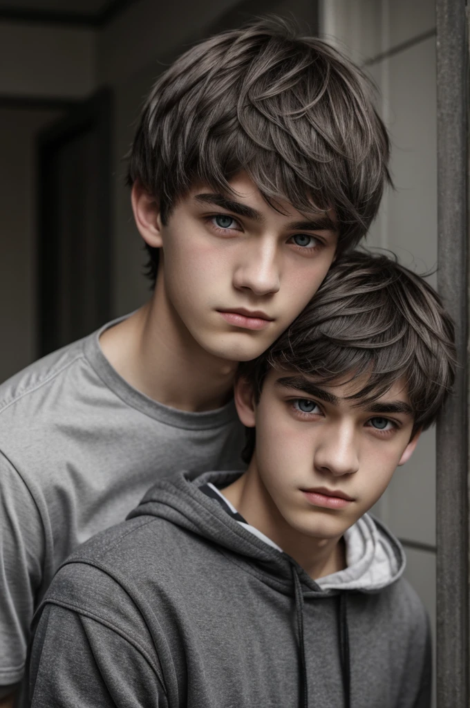 Male teenager with light gray eyes, short messy dull gray hair and pale skin with indifferent expression and black clothes