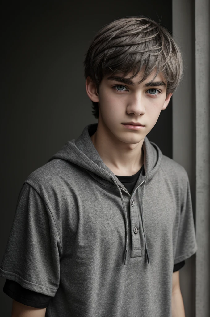 Male teenager with light gray eyes, short messy dull gray hair and pale skin with indifferent expression and black clothes