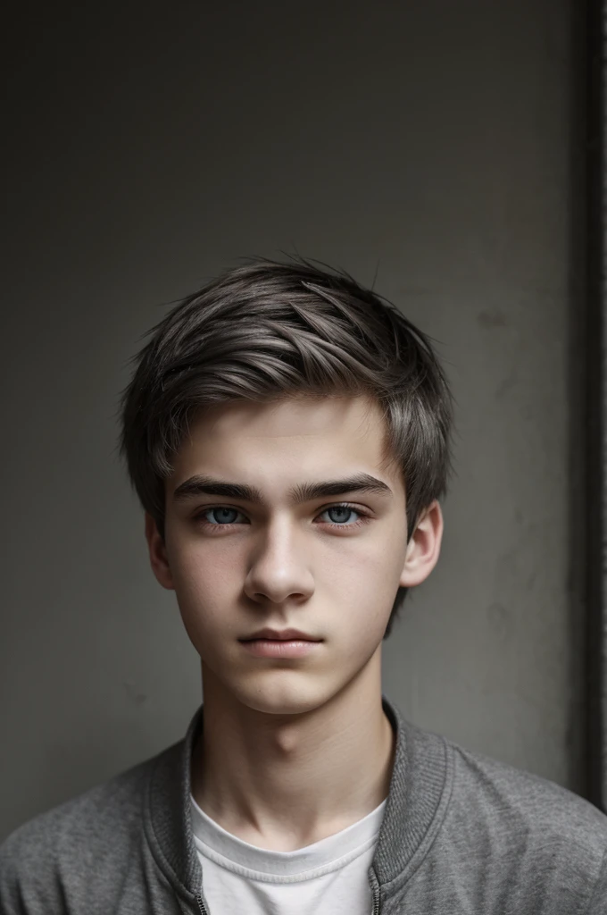Male teenager with light gray eyes, short messy dull gray hair and pale skin with indifferent expression and black clothes