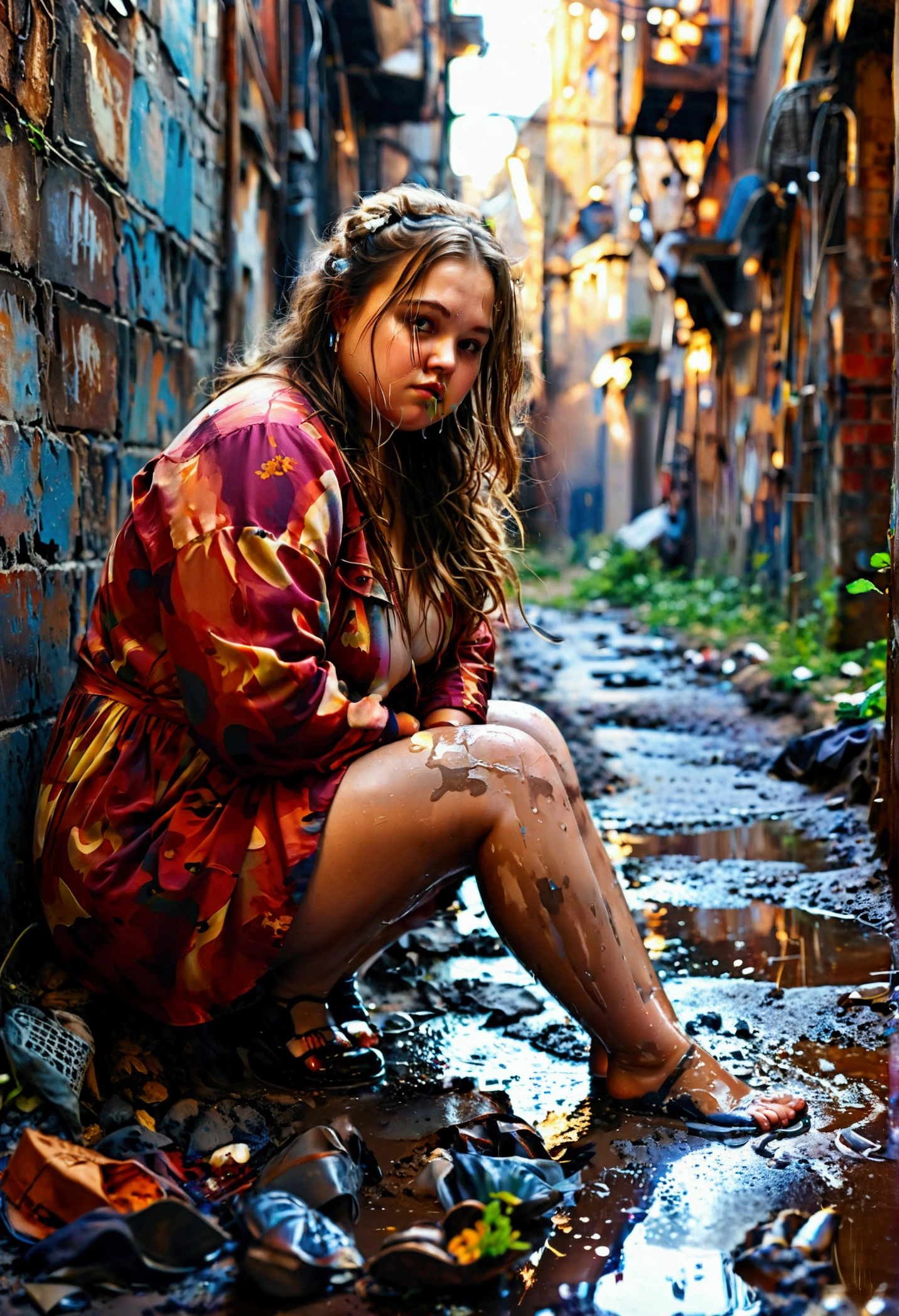 An overweight Russian girl sits in a dirty alley with her bare legs squatting with her feet in a puddle