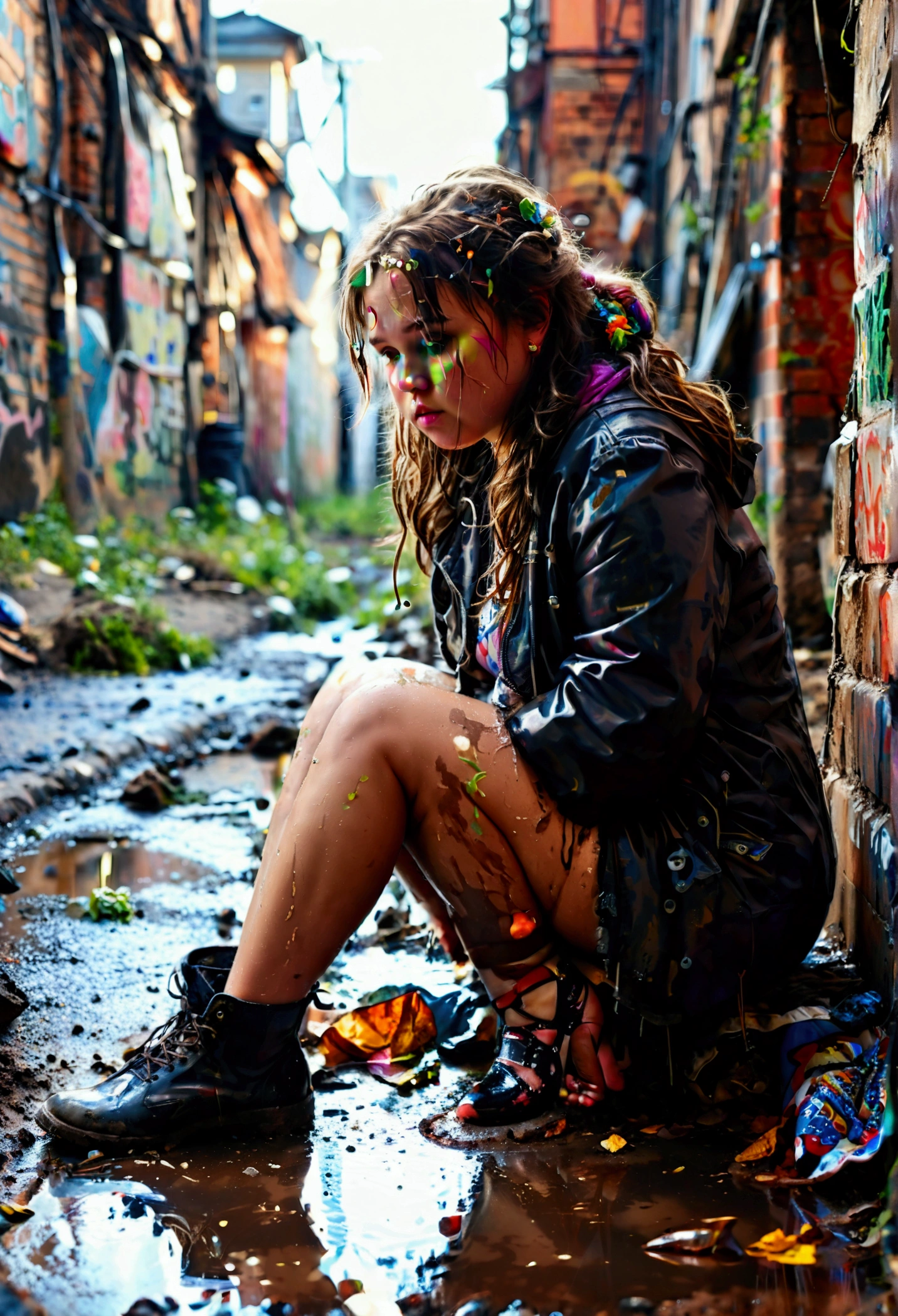 An overweight Russian girl sits in a dirty alley with her bare legs squatting with her feet in a puddle