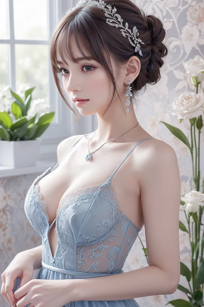 Blue lace thong&good, (((Very elegant and beautiful, Perfect detail, Very detailed))), whole body, The most detailed girl, Written boundary depth, 美しく詳細なwhole body, Thin legs, 1 Girl, 30 years old, Very short hair, Spiked Hair, Gray and silver hair, Beautiful detailed hair, Perfect Face, Expressionless, Beautiful, detailed, deep eyes, Please open your mouth a little, Delicate arms and hands, Pale skin, Earrings, Beautiful and gorgeous necklace, Colorful background, HD background, Blurred Background, Very delicate and beautiful, masterpiece, (((Highest quality, Very beautiful 8K CG wallpaper))), (((Trendy hairstyles))), (Inside the room,Stylish interior,window),
