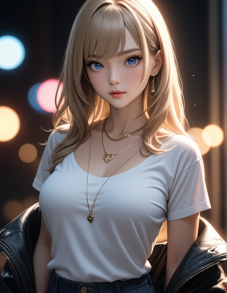best quality, masterpiece, high resolution, A girl, blonde, Blue eyes, fashion clothing, necklace, jewelry, Pretty Face, Perfect breasts, more than_Body, Tyndall effect, lifelike, Dark Studio, Side lighting, Two-color lighting, (HD Skin:1.2), 8k Ultra HD, Soft Light, high quality, Volumetric Lighting, frank, photography, high resolution, 8k, Bokeh, short depth of field,,