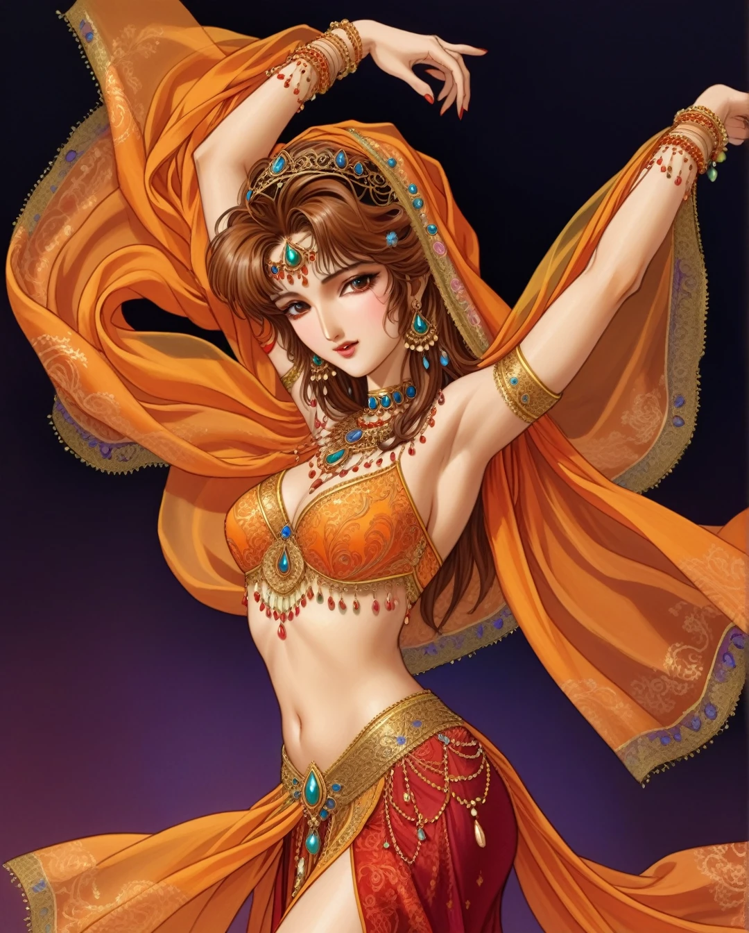 Art style by Akihiro Yamada, Art style by Suehiro Maruo, Art style by Ayami Kojima, (Masterpiece, Top Quality, Super Detail, High Resolution, Best Illustration), Create a breathtaking illustration of an Arabian belly dancer from the Middle Ages, showcasing her light brown tanned skin in vibrant detail. She should be adorned in an exquisite, flowing costume rich with intricate patterns and vibrant colors, reflecting the artistry of the era. Capture her in a dynamic pose that embodies grace and fluidity, with her arms elegantly raised and fabric swirling around her.Focus on her expressive face, conveying joy and passion as she dances. The background should evoke the ambiance of a bustling market or an opulent palace, enhancing the cultural richness of the scene. Utilize warm, atmospheric lighting to highlight her movements and the shimmering details of her attire. Aim for a visually stunning masterpiece that celebrates the beauty and artistry of Arabian dance, inviting the viewer into a world of elegance and rhythm.