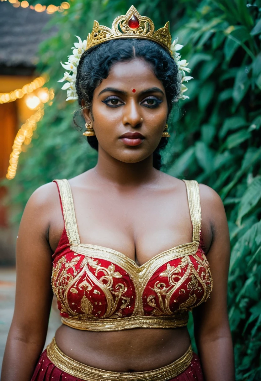 (((photo of a ancient kerala crowned temple goddess ))), (((black kali))) , (((Half Body))), (((very dark skin))), (((age 18+))), (((nude plus size chubby tall))), (((huge busty milky wet big massive boobs))), (((nude thick thigh))), (((ancient black mini skirt))), ((black skin dark body)), (((red ornaments))), (((depth of field))), ((( flame bokeh))), (((rain))), ((( flashing light leaks))), (((divine))), photorealistic,photo, realism, Getty Images, RAW candid cinema, 16mm, colour graded portra 400 film, remarkable colour, ultra realistic, textured skin, remarkable detailed pupils, realistic dull skin noise, visible skin detail, skin fuzz, dry skin, shot with cinematic,light leaks, RAW Image, DOF, depth of field,bokeh,mylocalgirl