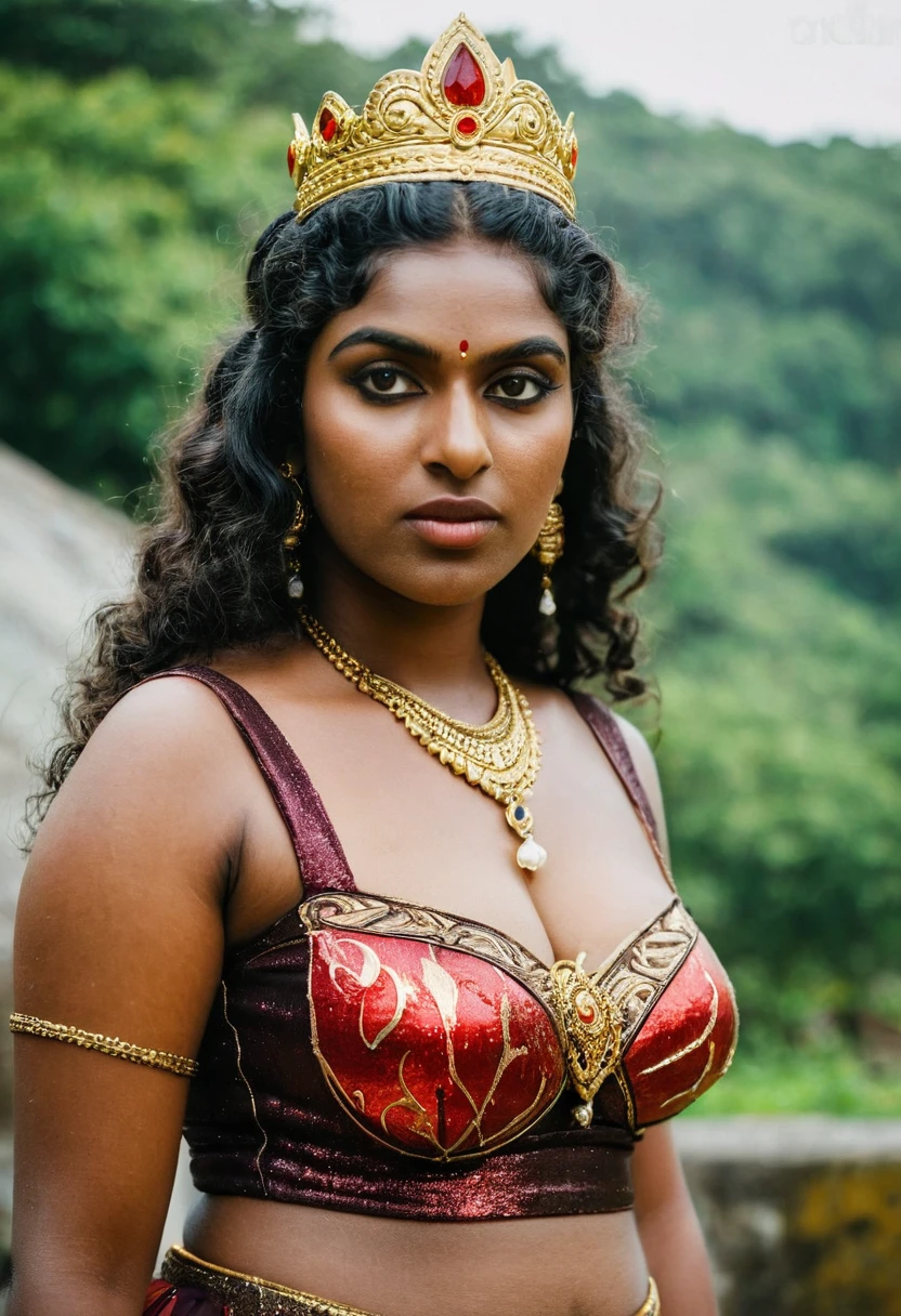 (((photo of a ancient kerala crowned temple goddess ))), (((black kali))) , (((Half Body))), (((very dark skin))), (((age 18+))), (((nude plus size chubby tall))), (((huge busty milky wet big massive boobs))), (((nude thick thigh))), (((ancient black mini skirt))), ((black skin dark body)), (((red ornaments))), (((depth of field))), ((( flame bokeh))), (((rain))), ((( flashing light leaks))), (((divine))), photorealistic,photo, realism, Getty Images, RAW candid cinema, 16mm, colour graded portra 400 film, remarkable colour, ultra realistic, textured skin, remarkable detailed pupils, realistic dull skin noise, visible skin detail, skin fuzz, dry skin, shot with cinematic,light leaks, RAW Image, DOF, depth of field,bokeh,mylocalgirl