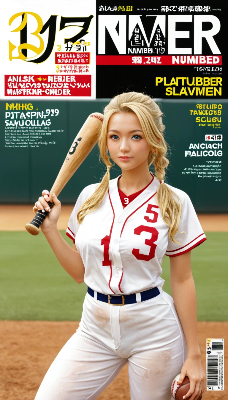 ( Magazine cover:1.2), 1 Blonde ****，  arafed baseball player swinging a bat at a ball, stylized Digital Illustration, baseball, 锐利的number, #史上最伟大的 1 幅number, # 史上最伟大的 1 幅number, matte Digital Illustration, Digital Illustration, number哑光, number加热, number, 卡通number, Posterization, Draw with photoshop, number, Highly concentrated，pubic hair，All sweaty