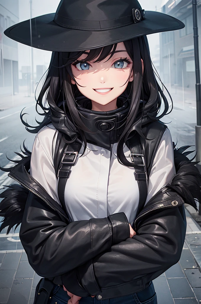 girl, jeans, black puffer coat, foggy, street, smile, rain