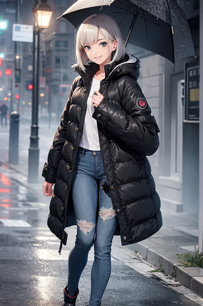 girl, jeans, black puffer coat, foggy, street, smile, rain