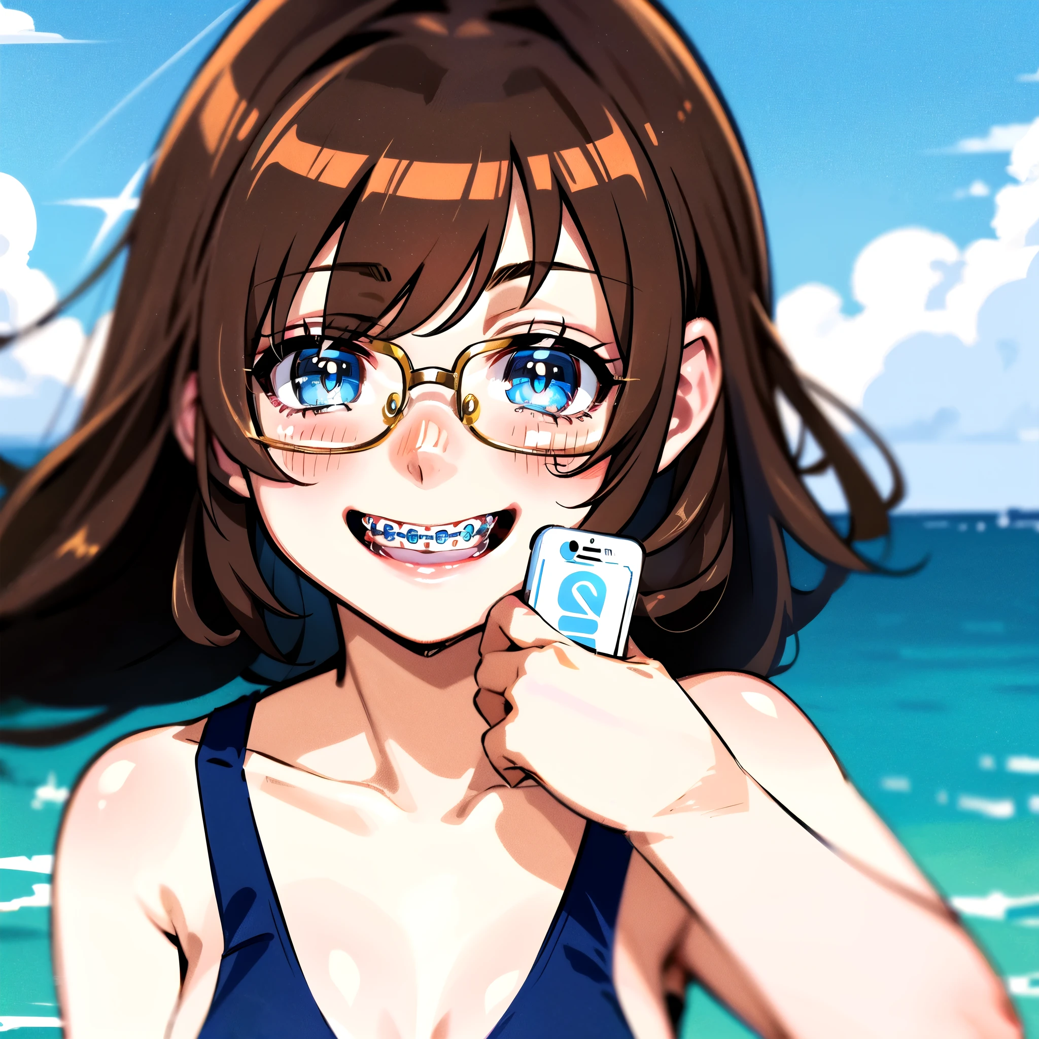 1girl, seductive eyes, braces, glasses, smiling, cute, blue eyes, blush, brown hair, wearing rowers, best quality, masterpiece, highres