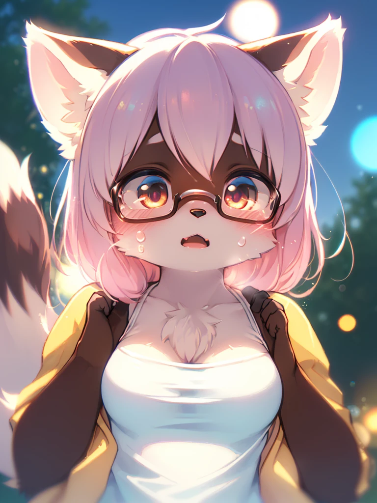 (Sumilux f1.4 75mm , low Latitude old color negative film , cross process , bokeh, flare, chromatic aberration , soft focus, (Shallow focus) , soft glow , Maximum aperture, High Key , Transparent depiction) , closeup face , dull geek female raccoon dog , splashing white cream on face , Surprised expression