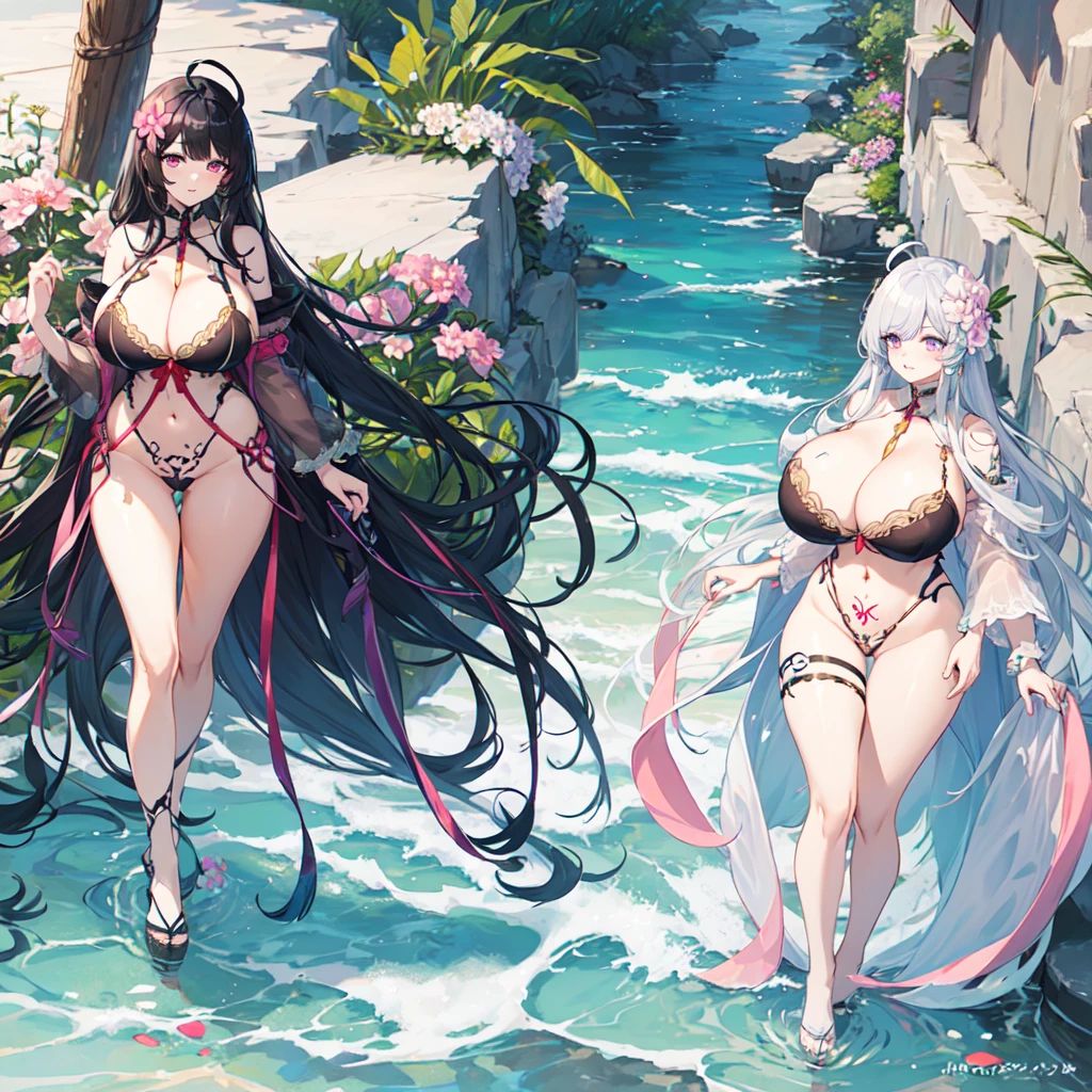 Black hair pink eyes (((((cleavage)))))Hair Flower seaside  (((Long eyelashes))),ahoge,(((Long eyelashes))),((Extremely long hair)),(((Flower Tattoo))),((straight_hair)),navel,(((gigantic breasts))),((butt))
