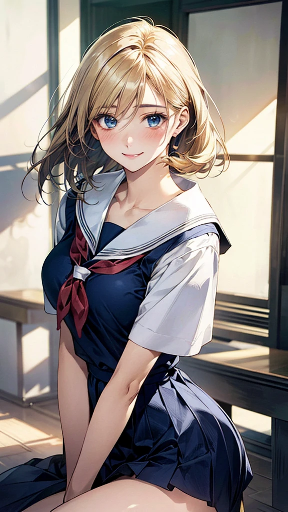 (masterpiece:1.3, Highest quality, Ultra-high resolution, Very detailed), (Realistic, photoRealistic:1.4), Beautiful illustrations, Perfect lighting, Natural light, colorful, Written boundary depth, NFSW,
View your viewers, (throw, Close-up shot), 1 Girl, Japanese, high school girl, Perfect Face, Cute and symmetrical face, Shiny skin, Sunburned skin,
(Bob Hair:1.5, Blonde), Hair between the eyes, blue eyes, (Large Breasts, seductive Thighs, Big Ass), Thighs, sum,
Beautiful Hair, Beautiful Face, Beautiful attention to detail, Beautiful clavicle, Beautiful body, Beautiful breasts, 美しいThighs, Beautiful feet, Beautiful fingers,
(Beautiful views), (Dynamic pose,), (Captivating smile,), (School uniform)