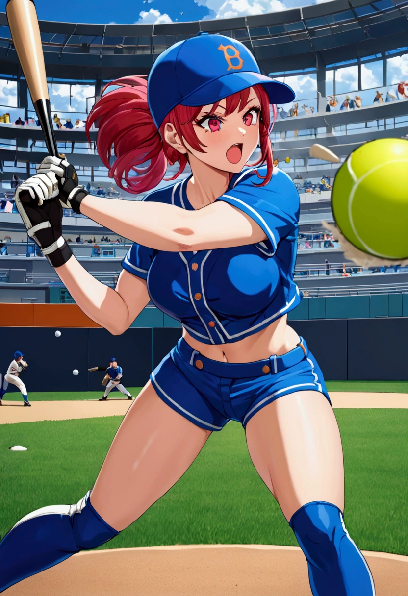 a sexy girl as a baseball player, play as striker, hit curved ball(hitting ball:1.8), iconic hitting stance, wink, vivid color, perfect anime style, perfect mix color, big bust, mini crop top, tight mini pants, super detailed, best quality wallpaper, 8k, absurdity, expressive realism, perfect lightness