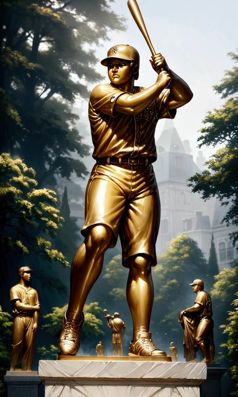 bronze statue of Babe Ruth, baseball player, batter's posture, carry a bat, bronze statue placed on a pedestal, Baseball uniform, loose fitting, baseball cap, medium build, best quality, (masterpiece:1.2), realistic, full body, tachi-e, from below, monochromatic bronze statue, extremely detailed CG, f 2.8 lens, (detailed background), detailed landscape, forest, the only statue,