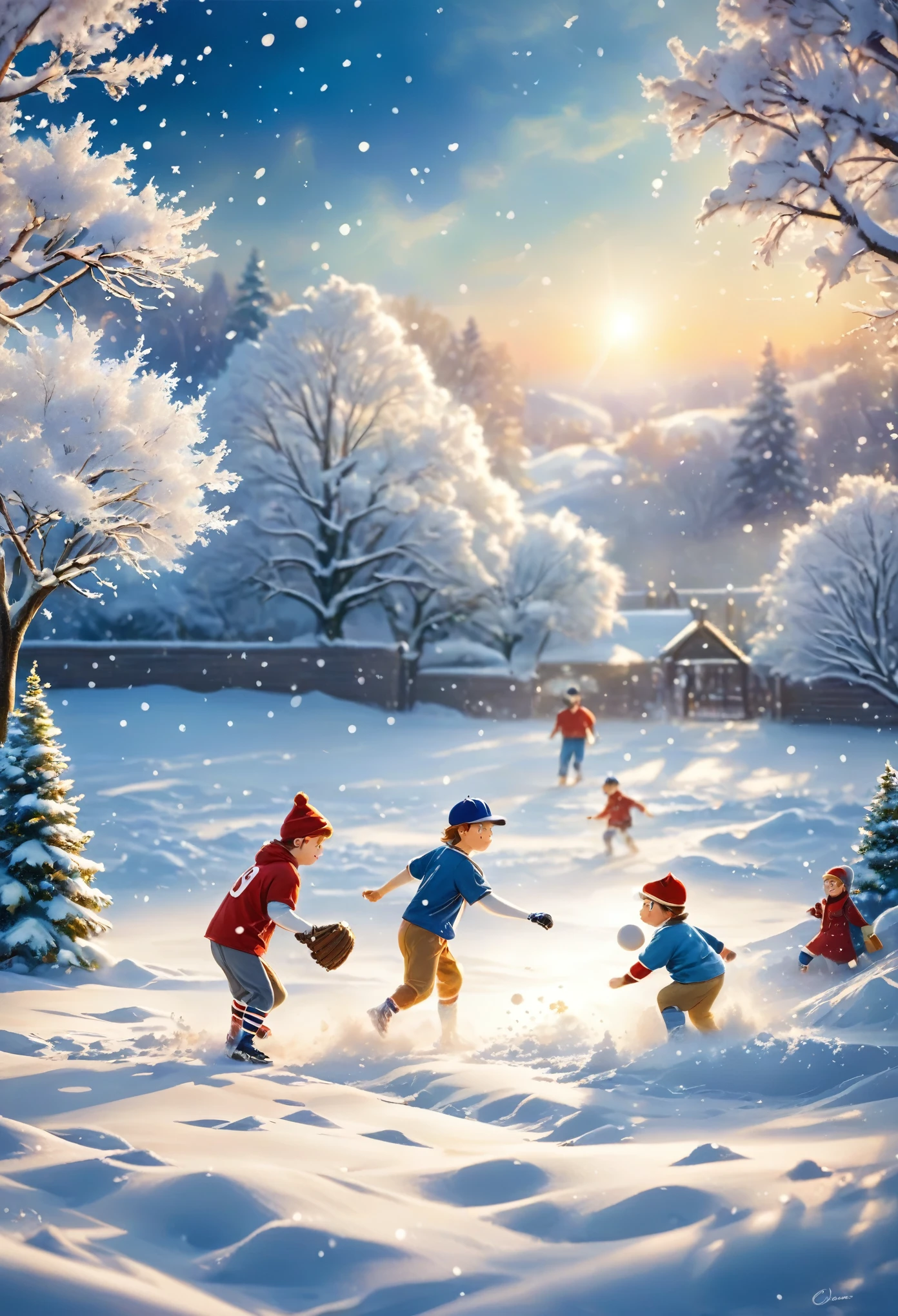 Baseball players playing in the snow,snow,(((Romantic atmosphere)))(((fairy tale elements)))(((masterpiece))), ((best quality))