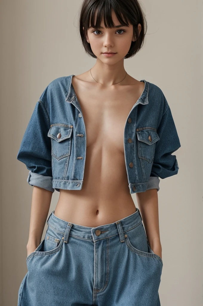 A girl with short hair, that reaches to the end of the neck, with little chest, skinny, stomach 1.53 meters who wears baggy clothes a little bigger than her