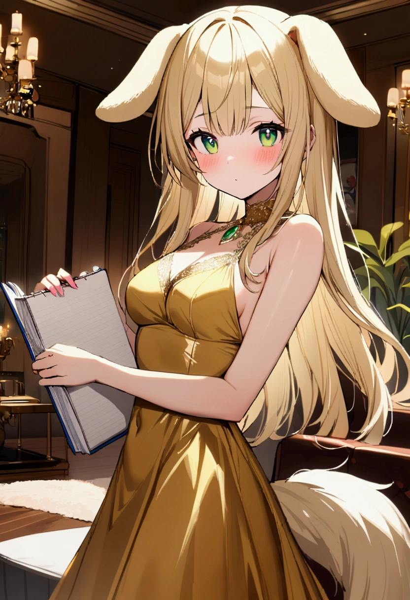 1girl with long blonde hair, green eyes, floppy dog ears, dog tail, blush, golden dress with open shoulders, holding small notebook, rich living room