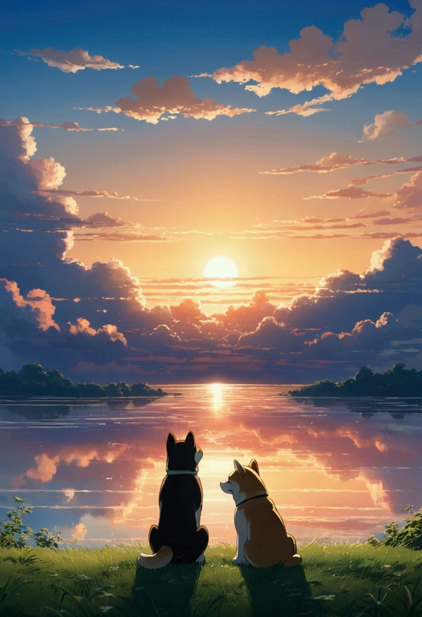 Makoto Shinkai Taste, Beautiful sunset sky, Heights,1Shiba Inu puppies, Healing scenes, hope,Makoto Shinkai Style