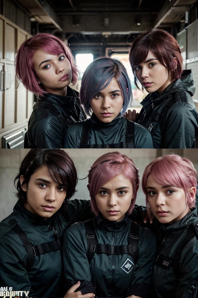 three call of duty soldiers on mission posing in action like a team, one is (male) Damon Salvatore and second girl is Damila With short pink hairs, and another third girl is Kaira with short blue hairs,