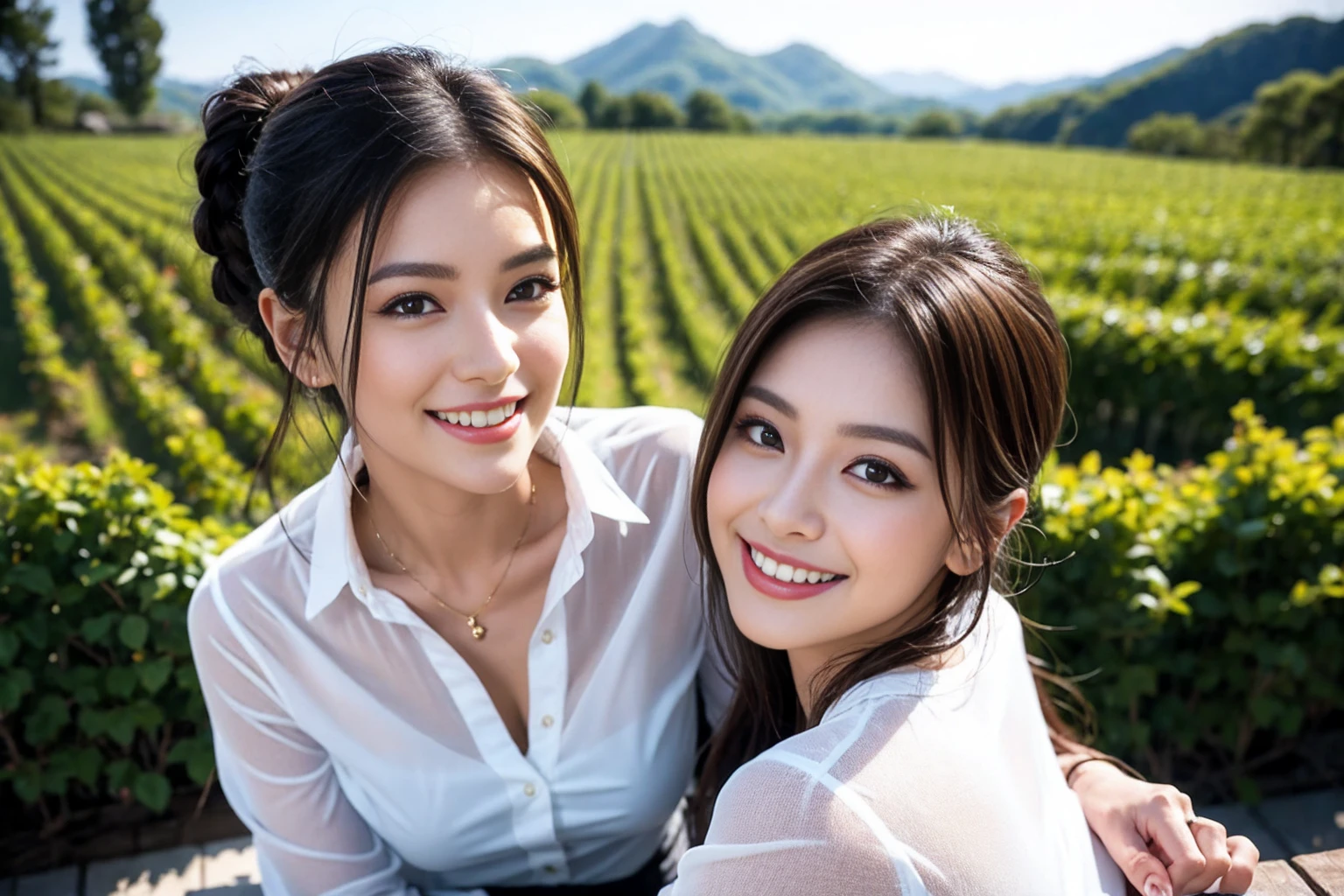 ((Highest quality、、masterpiece:1.3))、1 male、1 female,44 years old 39 years old、Shine the light on my face、Slim Beauty、Beautiful couple、Upper Body、smile、 (Slim face), (the body is スリム), (Brown Hair), (Shortcuts), テーブルのフルコースディナーとwine glass、Amazing view of the sunset sky and clouds、smileの美しさ、Wine bottle、sparkling wine、Long sleeve shirt、dress、White wine, red wine, wine glass, Beautiful fine grain, Depth f/2,saturation, High Contrast, Strong light and shadow,Moist Body:1.5、 texture、The hair is very shiny、
