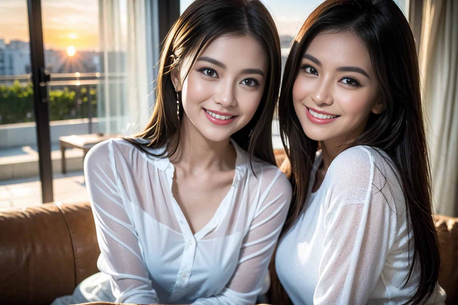 ((Highest quality、、masterpiece:1.3))、1 male、1 female,44 years old 39 years old、Shine the light on my face、Slim Beauty、Beautiful couple、Upper Body、smile、 (Slim face), (the body is スリム), (Brown Hair), (Shortcuts), テーブルのフルコースディナーとwine glass、Amazing view of the sunset sky and clouds、smileの美しさ、Wine bottle、sparkling wine、Long sleeve shirt、dress、White wine, red wine, wine glass, Beautiful fine grain, Depth f/2,saturation, High Contrast, Strong light and shadow,Moist Body:1.5、 texture、The hair is very shiny、