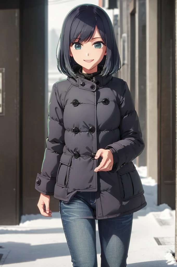 girl, jeans, black puffer coat, foggy, street, smile, snow