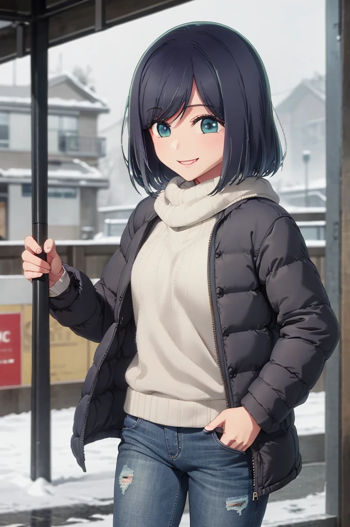 girl, jeans, black puffer coat, foggy, street, smile, snow