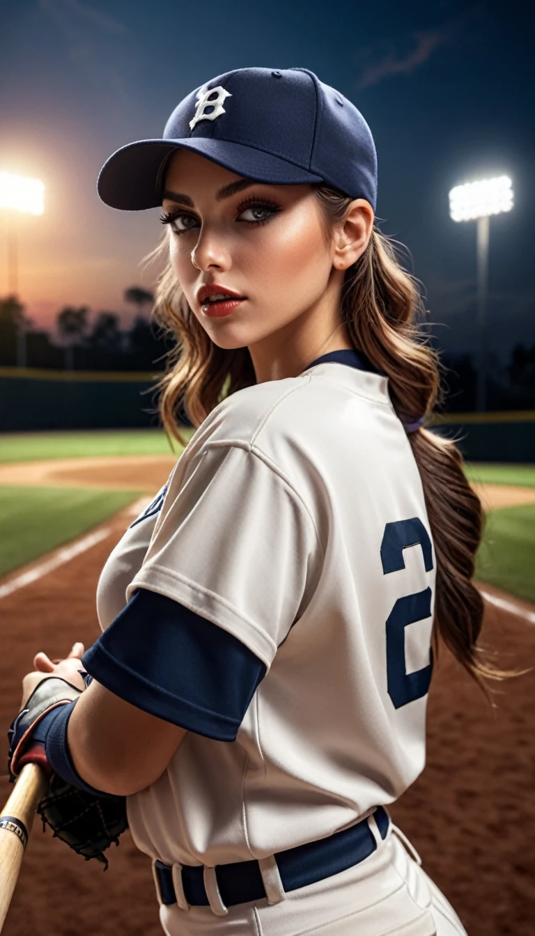 a sexy woman baseball player, beautiful detailed eyes, beautiful detailed lips, extremely detailed eyes and face, long eyelashes, athletic body, wearing a baseball uniform, baseball cap, bat, playing baseball on a baseball field, cinematic lighting, dramatic angle, highly detailed, 8k, photorealistic, masterpiece