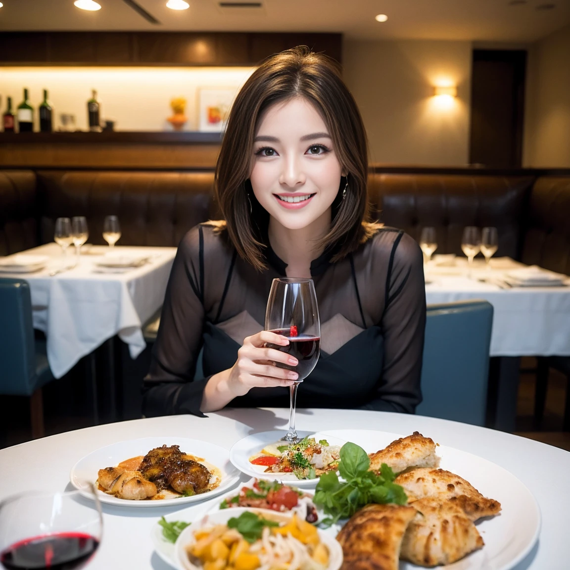 ((Highest quality、8K、masterpiece:1.3))、Shortcuts、cute、slimカップル、modelカップル、actress男優、(Realistic, Intricate details:1.2), full-course dinner、Wine Party、Amazing view of the sunset sky and clouds、A bright smile、short hair,Bright Face、 (Age 45), 42 years old, red wine 、Appetizers、Italian food、Wine bottle、Champagne、sparkling wine、Two beauties、Brown Hair、Shortcuts、Long sleeve shirt、dress、Beautiful woman 1, (slimな顔), (The body is slim), (Brown Hair), (Shortcuts), cheeks turn a little red,Attractive beauty、restaurant, In a prominent place (From the waist up) Nova Frog Style, actress, model, Upper Body, White wine, slim, wine glass, 中央に置かれたwine glass, smile, (smile: 1.15), Beautiful fine grain, Depth f/2,saturation, High Contrast, Strong light and shadow,Moist Body:1.5、3D texture、Delicate eyes、Brown Hair、The hair is very shiny、